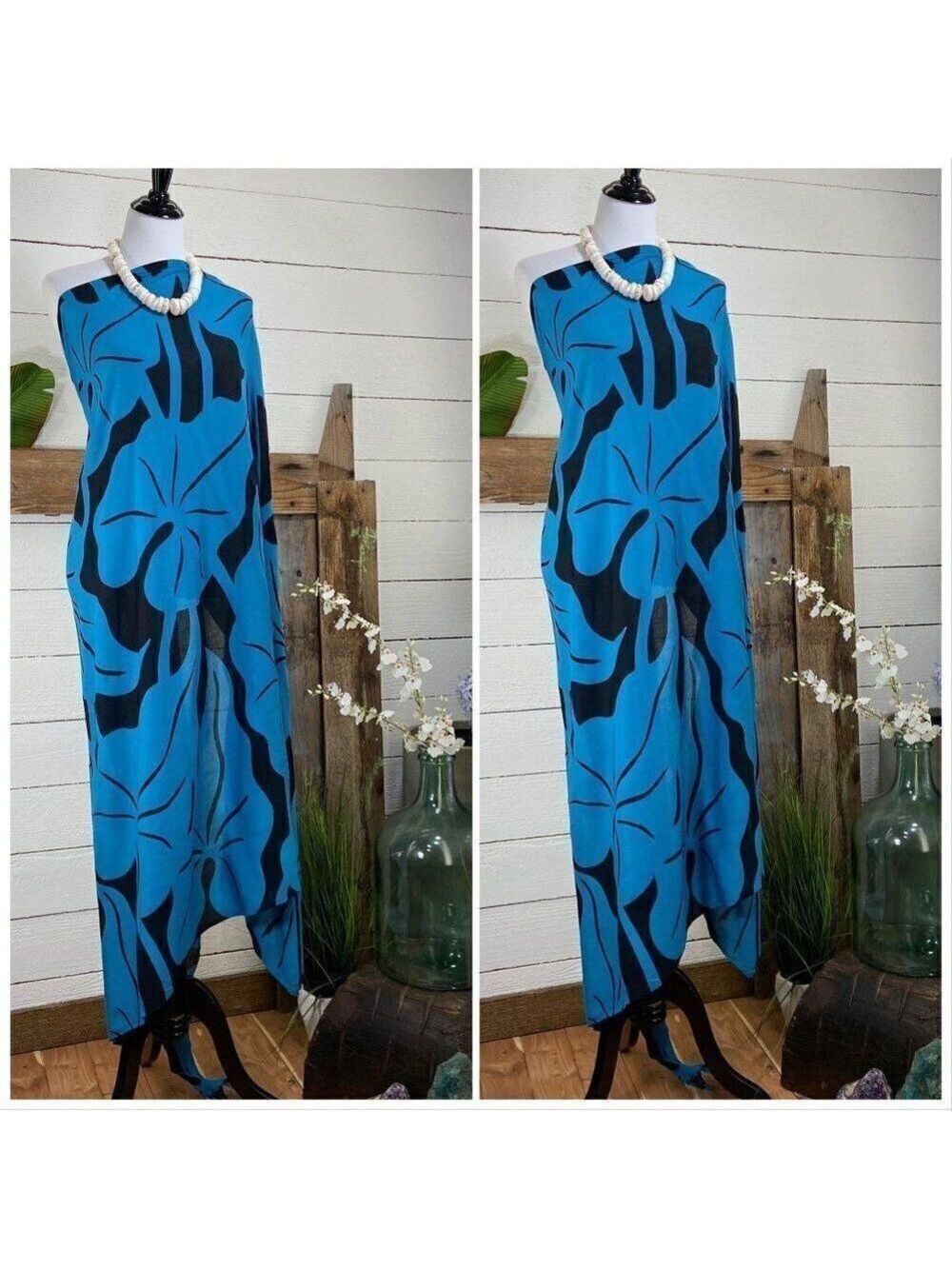 Teal Blue/Black Anthurium Floral SARONG Pareo Lavalava Beach Wrap Skirt Scarf